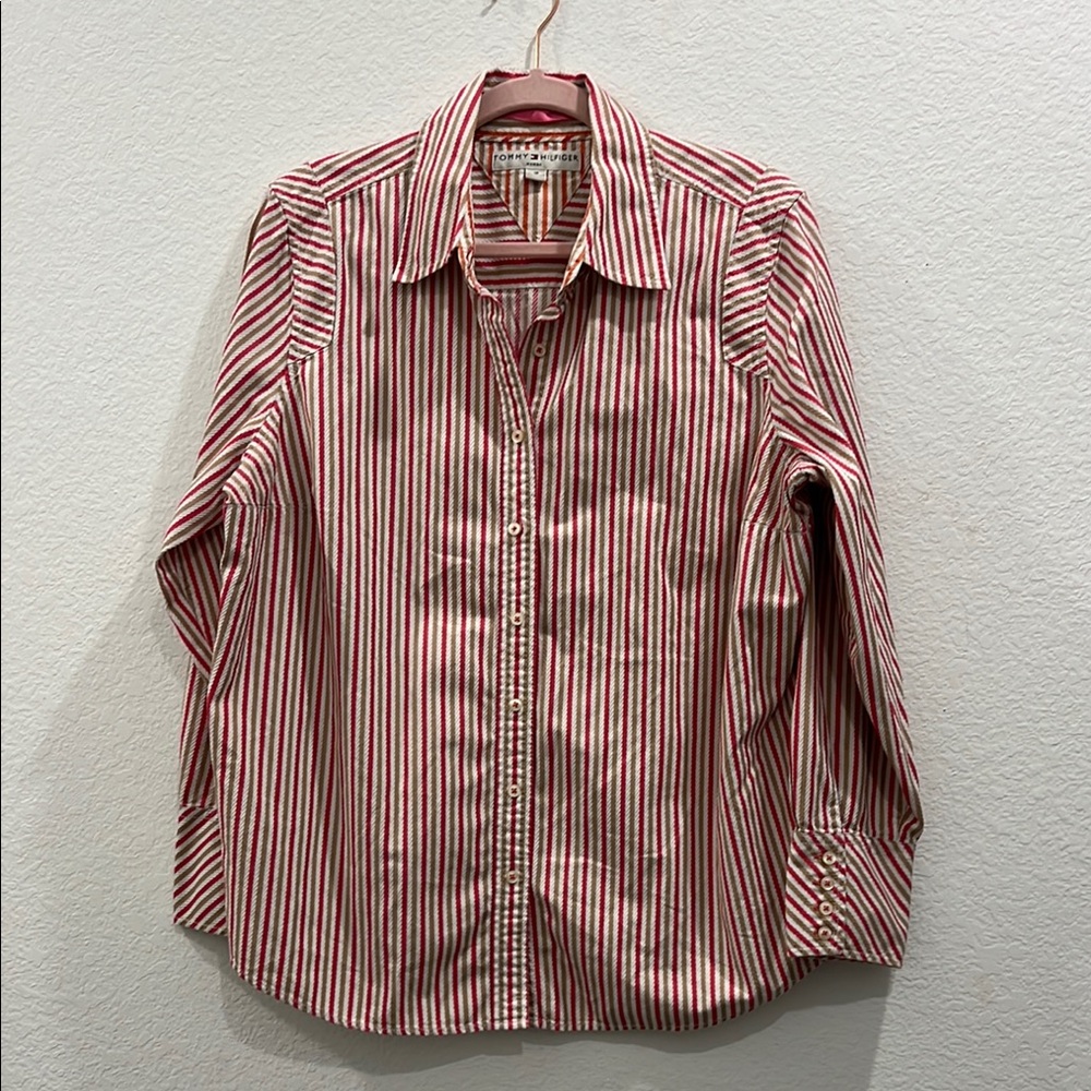 TOMMY HILFIGER WOMAN Pink, Orange, Tan and White Striped Button-Up Shirt size 16